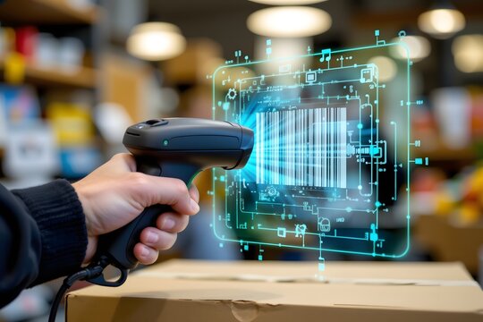 Barcode Scanner in Action: A close-up shot focuses on a person's hand wielding a barcode scanner to read the product identification code on a cardboard box.