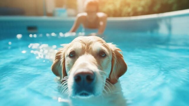 Dog's Summer Dive: A golden retriever's refreshing plunge into a tranquil swimming pool, mirroring the playful joy of a sun-drenched summer day. Witnessing the pure bliss of the dog.