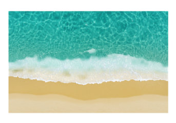 Top-down aerial view of translucent turquoise water gently washing golden sand with intricate white foam patterns, set against an expansive white background, studio shot, soft light, clean aesthetic