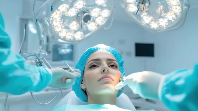 Cosmetic Procedure in Surgery: A focused scene captures a patient undergoing a cosmetic procedure under bright surgical lights.