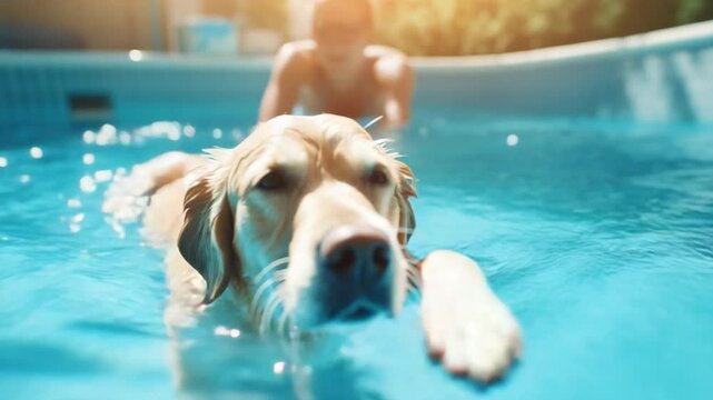 Splashing into Joy: Capture the essence of summer with a playful Golden Retriever dog gracefully swimming in a vibrant blue pool, as the sun's warm rays dance on the water surface.