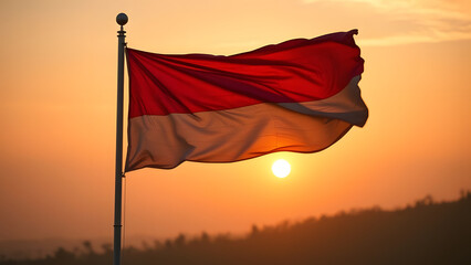 Indonesian Flag Waving with Sunset Background