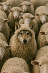 Wolf in sheep's clothing hiding among a flock of sheep in a conceptual image about deception.