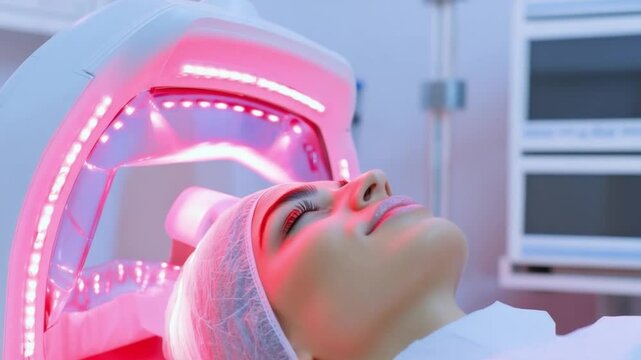 Spa treatment and Beauty technology: A woman undergoes a phototherapy procedure in a modern aesthetic clinic, using advanced LED technology to revitalize and rejuvenate skin.
