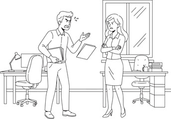  A dynamic illustration depicting a man and a woman engaged in a heated argument in an office setting