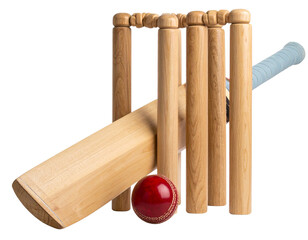 Angled View of Cricket Set – Bat Resting on Stumps with Ball in Foreground – Transparent PNG