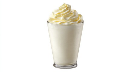Refreshing creamy vanilla yogurt in a clear glass cup with smooth texture and topped with swirled whipped cream isolated on white background