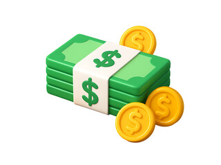 3D Bundle of Green Dollar Bills with Gold Coins for Finance and Investment Concepts Isolated on Transparent Background