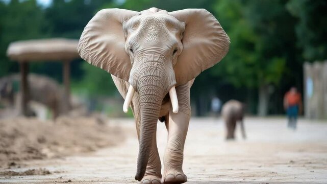 Majestic Elephant's Journey: An African elephant strides gracefully towards the viewer, showcasing its impressive size, tusks, and textured skin. The scene conveys a sense of power and dignity.
