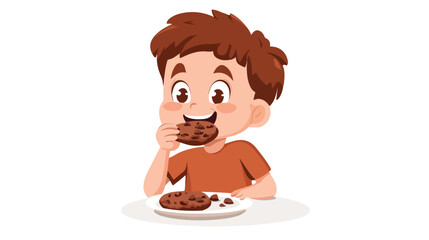 Young Boy Enjoying Delicious Chocolate Cookie - Flat Vector Illustration