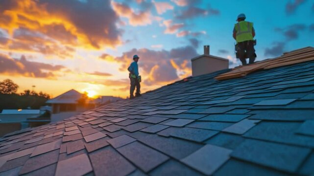 Roofing Sunset Harmony: Roofers stand on the roof of a house, silhouetted against a fiery sunset, installing roof tiles. A harmonious blend of industry and nature at day's end.