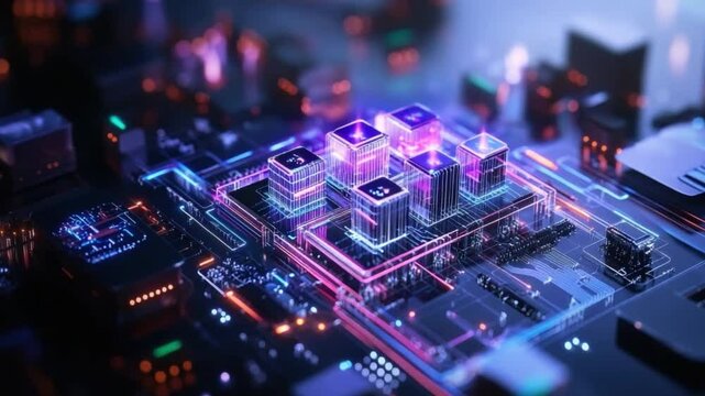 Digital Nexus: A striking macro-level shot of a computer's central processing unit (CPU), illuminated with vibrant blue and purple neon.