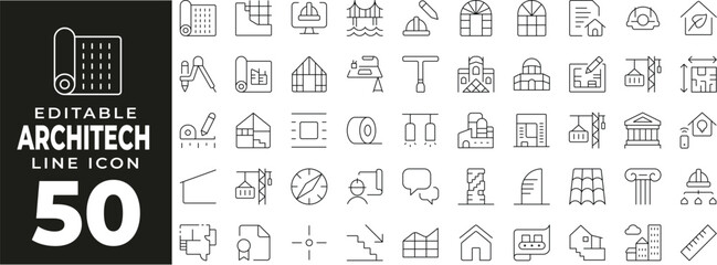 Architecture set of web icons in line style. Architect linear icons collection. Containing blueprint, ruler, building plan, compass, scale, construction helmet, architecture tools. Editable stroke