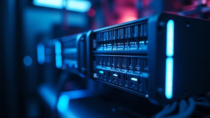 Modern data server with blue LED lights and sleek design
