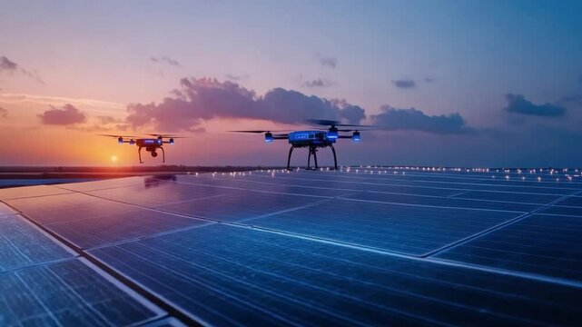 Drone Inspection: Drones hover gracefully over a futuristic solar panel field, capturing the harmony of technology and sustainable energy during a breathtaking sunset.