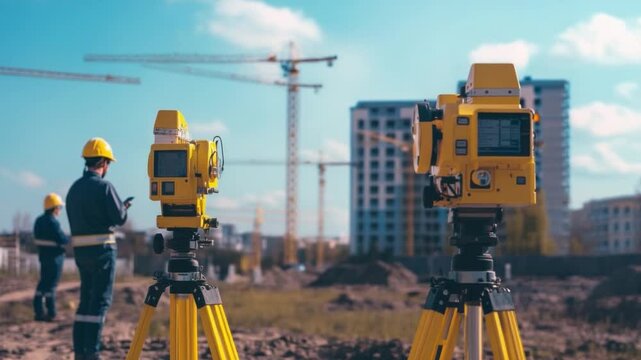 Surveyors and Their Precision: A composition showcasing surveying equipment atop tripods, set against the backdrop of an active construction site, capturing the dedication and precision.