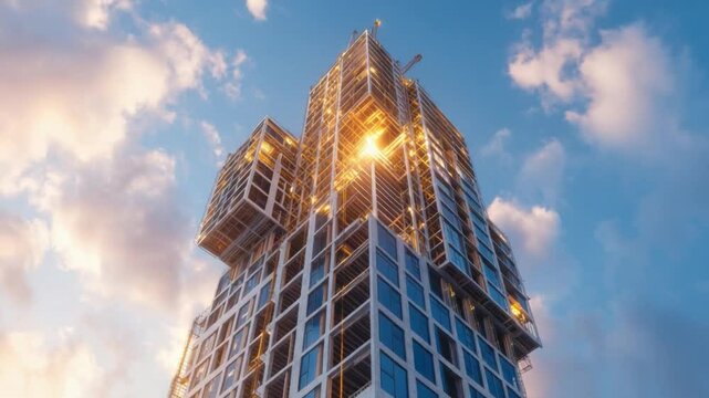 Building Under Construction Soars to the Sky: A tall skyscraper in progress, its framework reaching towards a dynamic sky and clouds, capturing the ambition of urban development.