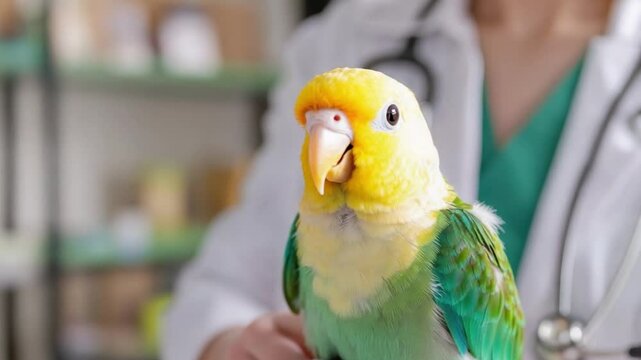 Parrot and Veterinarian's Exam: A vibrant parrot, its colorful plumage a testament to nature's artistry, is being gently examined by a veterinarian in a professional setting.