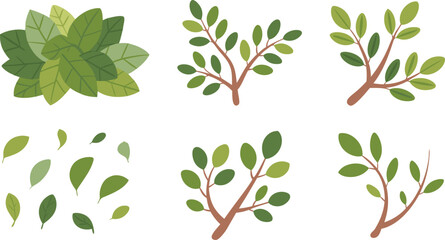 Obraz premium Cartoon Green Leaves Illustration with Branches and Loose Foliage on a White Background