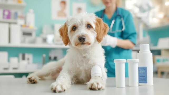 A Dog at the Veterinary Clinic: A sweet, injured dog rests calmly on the examination table. The scene evokes feelings of empathy and showcases professional veterinary care.