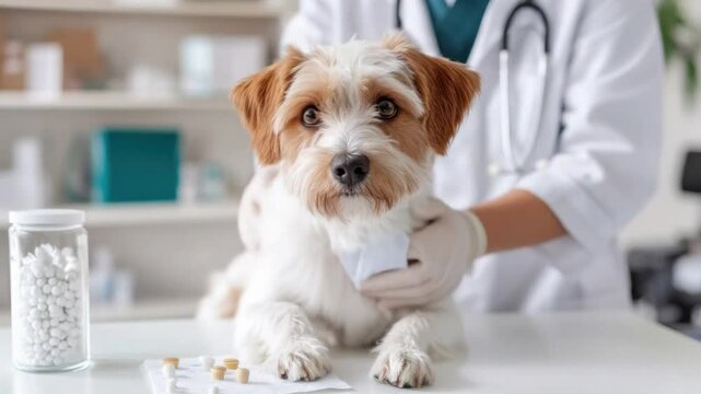 Gentle Canine Consultation: A patient and lovable dog receives expert care and attention from a caring veterinarian within a well-lit clinical setting.