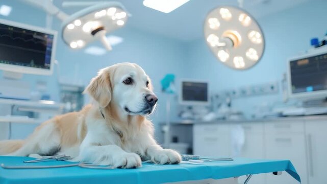 Golden Retriever at Veterinary Clinic: a serene golden retriever patiently rests on a surgical table at a veterinary clinic.