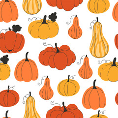 Seamless autumn pumpkin pattern with yellow and orange pumpkins flat style