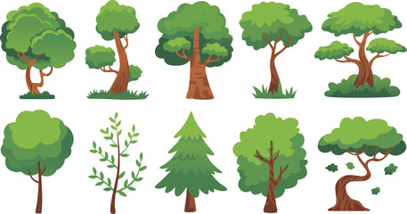 Collection of Cartoon Tree Illustrations Deciduous, Pine, and Bare Branch Trees on White Background