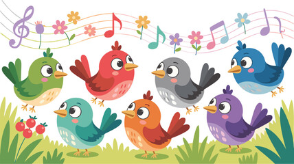 Obraz premium Colorful Cartoon Birds Singing in Harmony with Musical Notes and Flowers Illustration Art