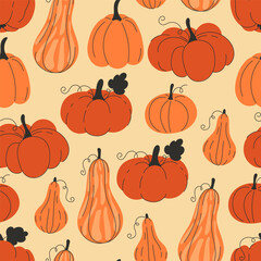 Seamless Autumn Pattern Red and Orange Pumpkins on Yellow Background Flat Style