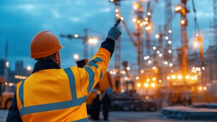 Construction Supervisor at Night: A construction supervisor, wearing a high-visibility safety vest and hard hat, oversees a bustling nighttime construction site.