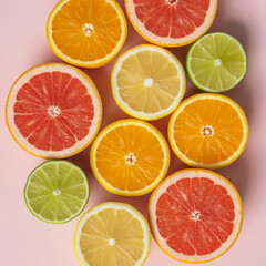 Seamless pattern of fresh, juicy citrus fruit slices including orange, lemon, lime, and grapefruit, perfect for a healthy food background