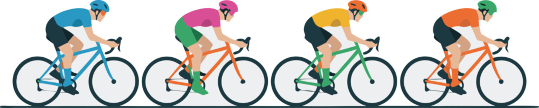 Four Cyclists Riding Bikes in a Row Wearing Colored Jerseys and Helmets Flat
