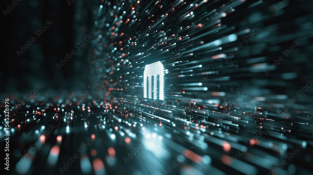 Poster a luminous bank symbol hovers over a matrix of pulsating data streams encapsulating the dynamic rela