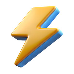 Photo of a dynamic 3d lightning bolt icon, featuring yellow and blue accents, is isolated on transparent background, conveying speed and power