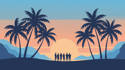 Silhouetted Figures Watching Sunset Between Palm Trees on Island Illustration