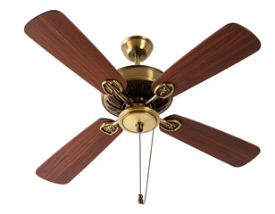 Vintage Wooden Ceiling Fan with Ornate Brass Center – Isolated on Transparent Background