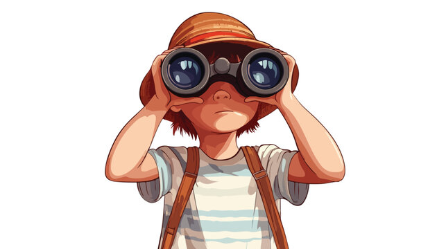 Young boy exploring with binoculars on white background