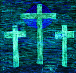 Kid's pencil drawing picture. 3 crosses