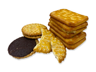 Group of multiple golden biscuits beautifully isolated on the white background
