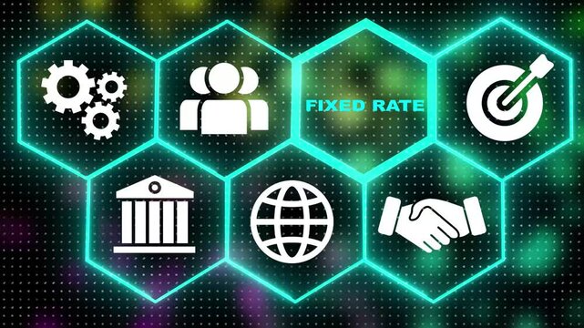 A Fixed Rate concept button on a futuristic. Abstract seamless animation of mesh glowing dots digital technology on black background. 4k video. technology network background concept.