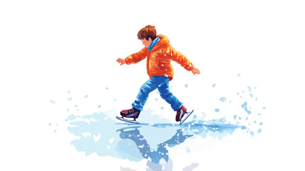 Young Boy Practicing Ice Skating: Flat Vector Illustration