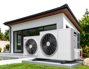 Outdoor Heat Pump System Near Pool House Wall – Rear Angled Technical View PNG