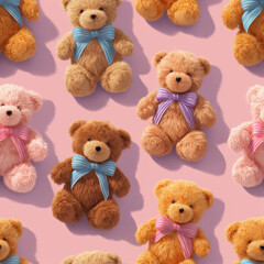 Teddy bears with ribbon pattern, pastel background, ultra-realistic toy fur, seamless