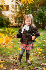 Little girl holding yellow autumn leaves, smiling outdoor park. Seasonal joy child happiness concept