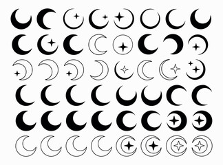Moon vector icons. Moon icon set. Vector lunar collection. Moon with stars. black and white moon and star icons. set of black and white moon and star icons in various phases and combinations.