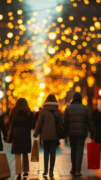 A lively street scene showcasing shoppers against a backdrop of festive golden lights. People strolling on a winter evening after shopping.