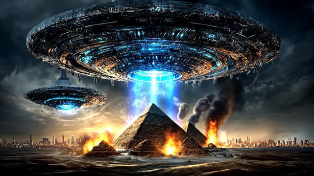 colossus UFO floating over burning historical Pyramid with fire flame smoke, sci-fi fantasy alien invader 