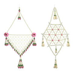 Traditional Thai Floral Hanging Decoration with Jasmine Garlands, Lotus Buds, and Ornamental Cultural Handcrafted Designs. Rose means in front of the elephant,  Champaka mean fragrance on side