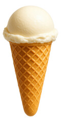 A scoop of vanilla ice cream on a crisp waffle cone.